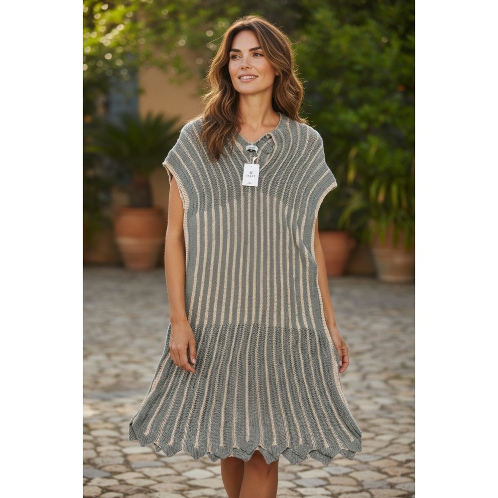 FLORIS Italy Knit Cover Up Dress Sage Gold Metallic Stripe Beach S/M NWT